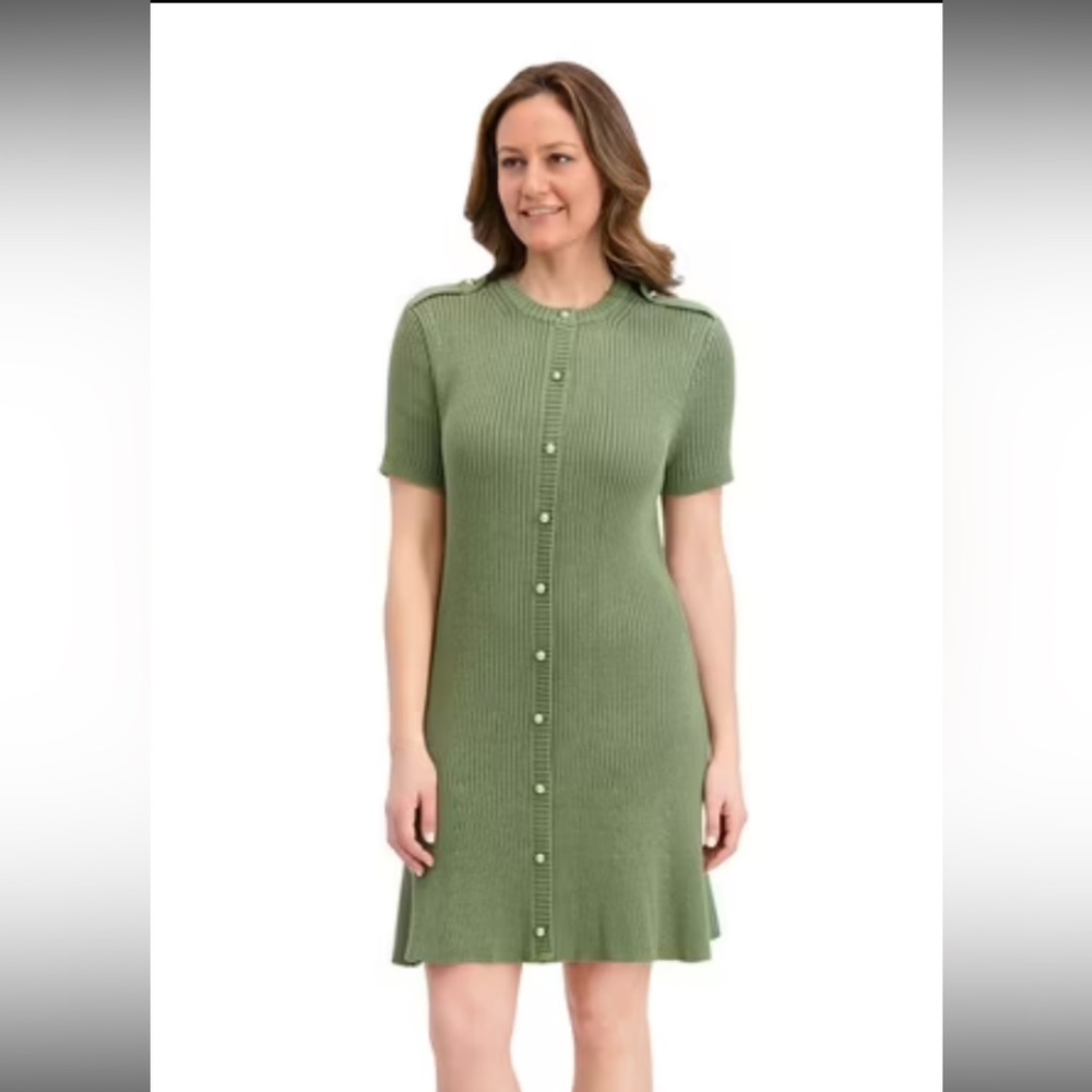 French Connection Sage Green Button-Front Midi Knit Dress